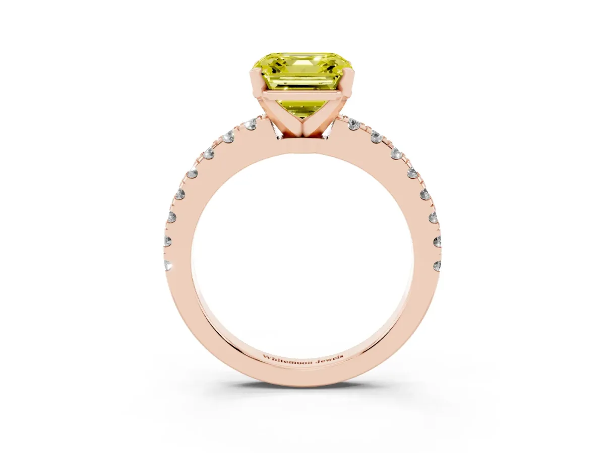 Fancy Yellow Asscher Cut Solitaire Diamond with Pavé Band and Four-Prong Setting Rose gold