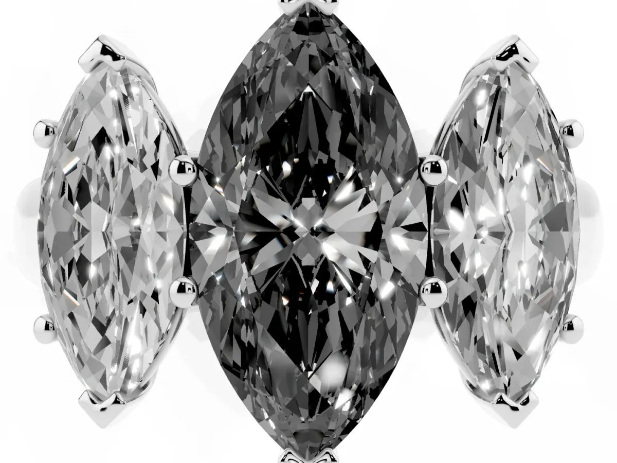 Fancy Black Marquise Cut Three-Stone Diamond Ring with Prong Setting on a Classic Band Platinum