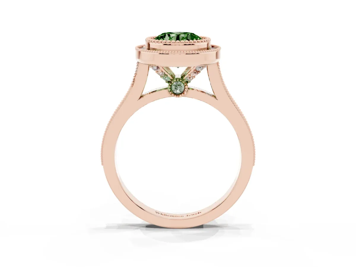 Fancy Green Round Cut Diamond Halo Ring with Milgrain Frame and Pavé Band Rose gold