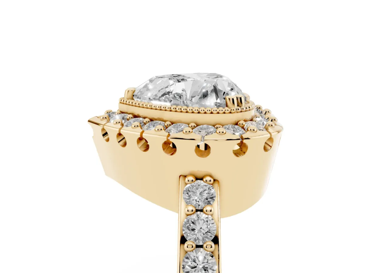 Heart Cut Diamond Halo Ring with Pavé Band and Prong Setting Yellow gold