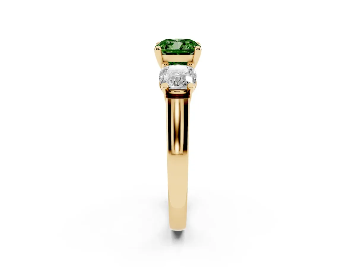 Fancy Green Three-Stone Cushion Cut Brilliant Diamond Trellis Ring with Comfort Fit Band Yellow gold
