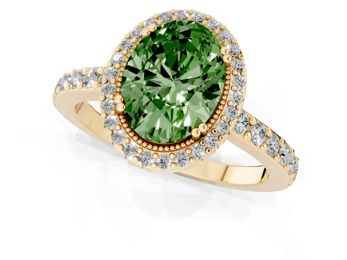 Fancy Green Oval Cut Cut Diamond Halo Engagement Ring with Milgrain Detail and Pavé Band Yellow gold