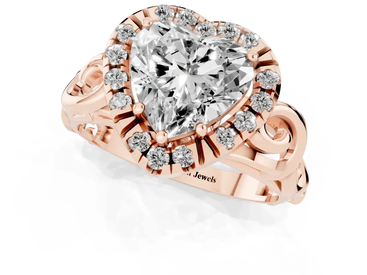 Heart Cut Cut Halo Diamond Ring with Scrollwork Band and Four-Prong Setting Rose gold