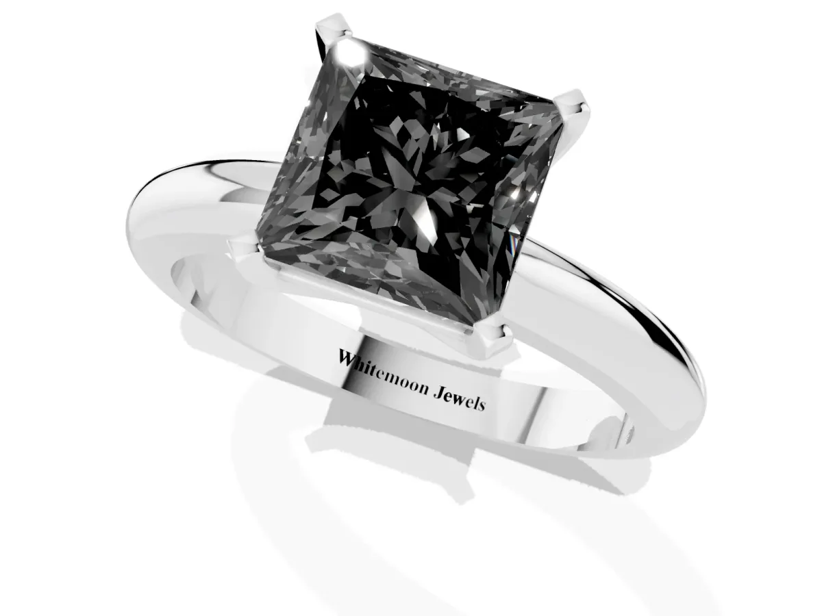 Fancy Black Princess Cut Diamond Solitaire Engagement Ring with Round Band and Four-Prong Setting Platinum