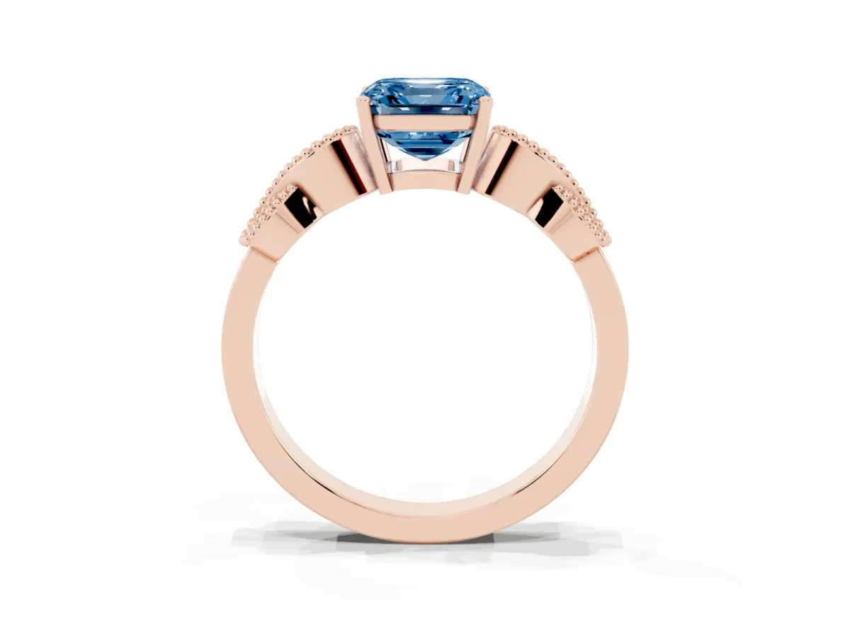 Fancy Blue Asscher Cut Solitaire Milgrain Leaf Band with Prong Setting Rose gold