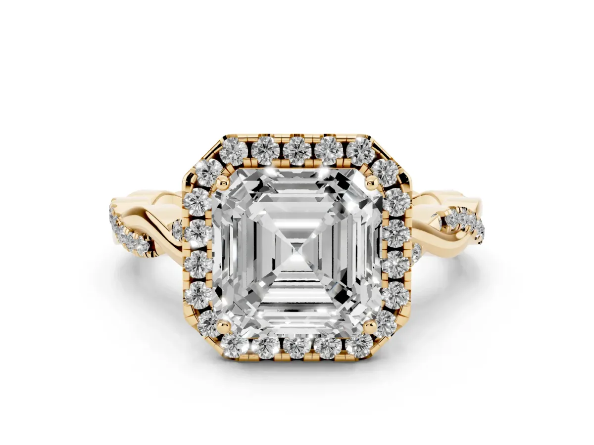 Asscher Cut Halo Twist Band Solitaire Ring Yellow gold