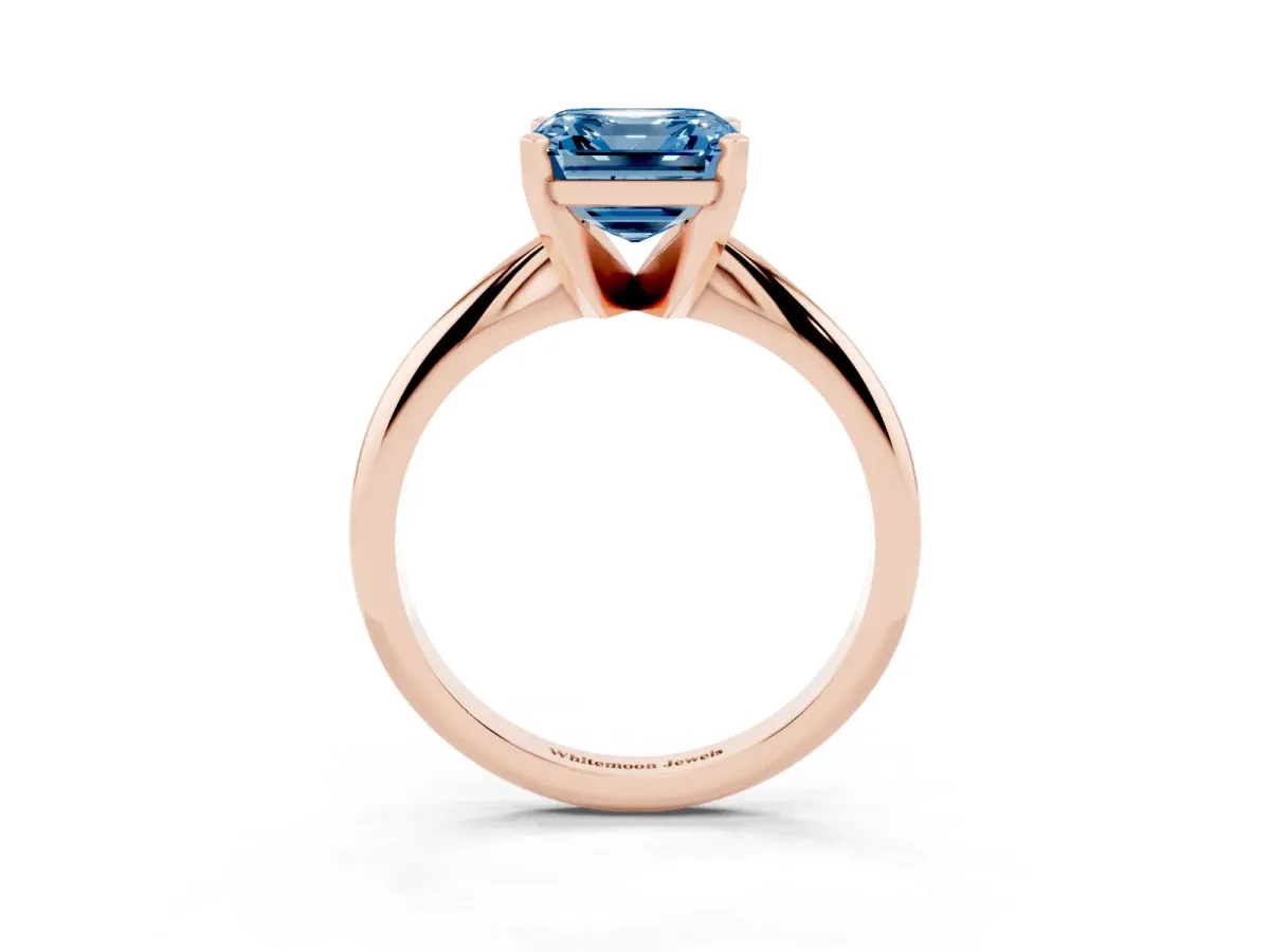 Fancy Blue Asscher Cut Cut Solitaire Ring with Four-Prong Setting on a Classic Band Rose gold
