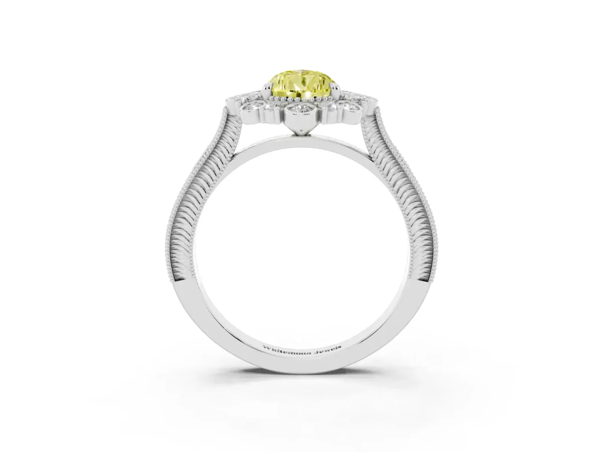 Fancy Yellow Pear Cut Halo Milgrain Pave Diamond Ring with Four-Prong Setting Silver