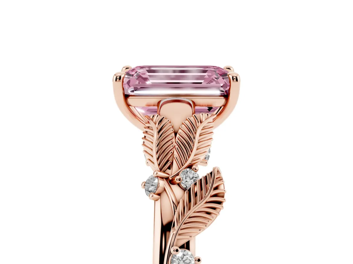 Fancy Pink Emerald Cut Diamond Solitaire Ring with Leaf Motif Band and Four-Prong Setting Rose gold