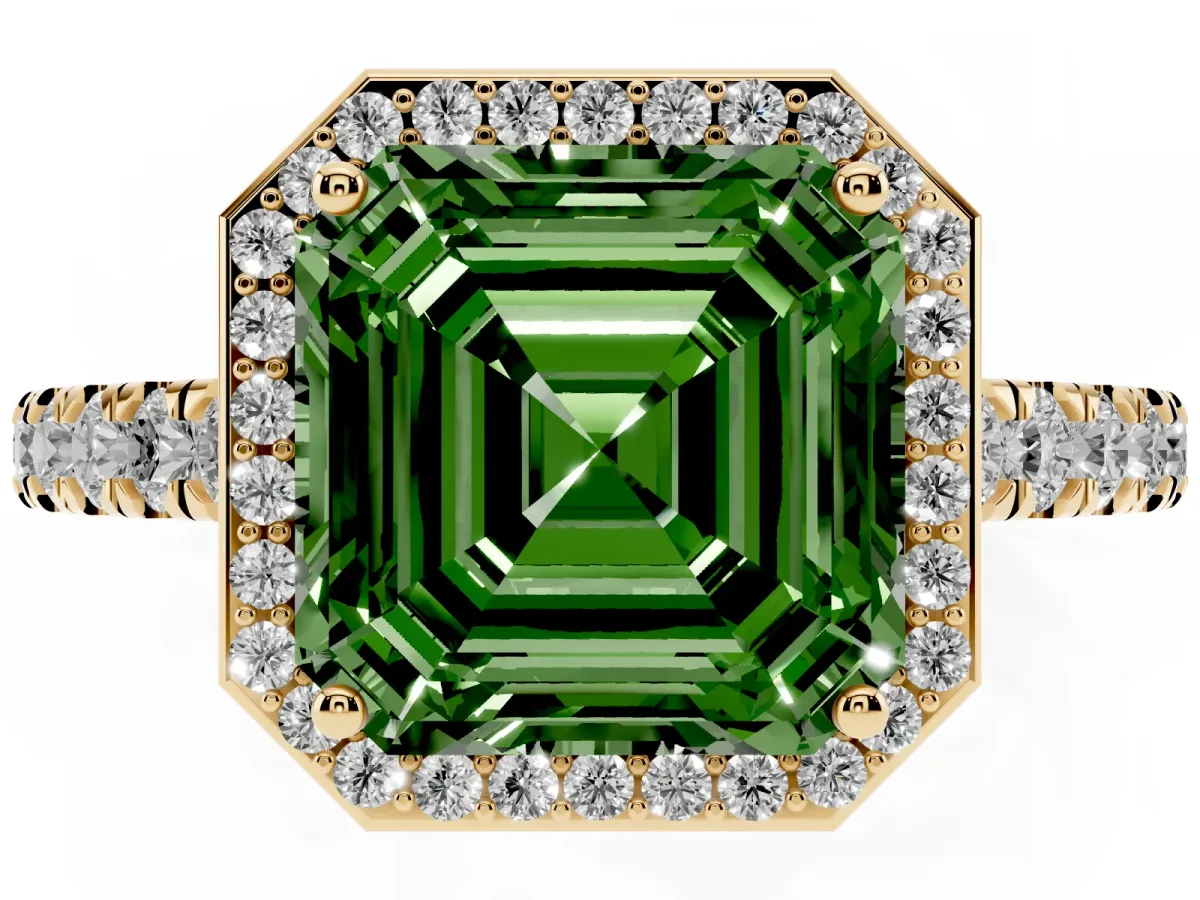 Fancy Green Asscher Cut Cut Halo Diamond Engagement Ring with Pave Band and Four-Prong Setting Yellow gold