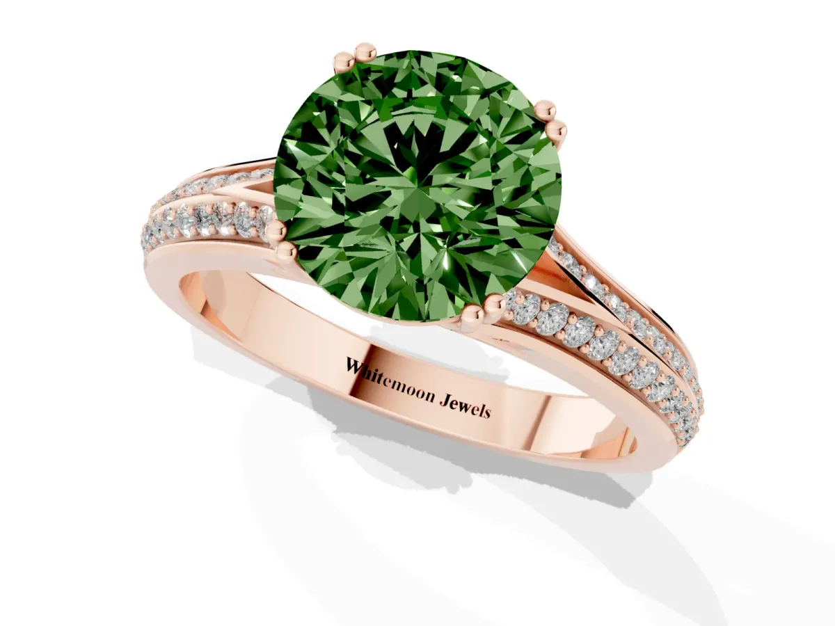 Fancy Green Round Cut Diamond Split Shank Engagement Ring with Pavé Band Rose gold