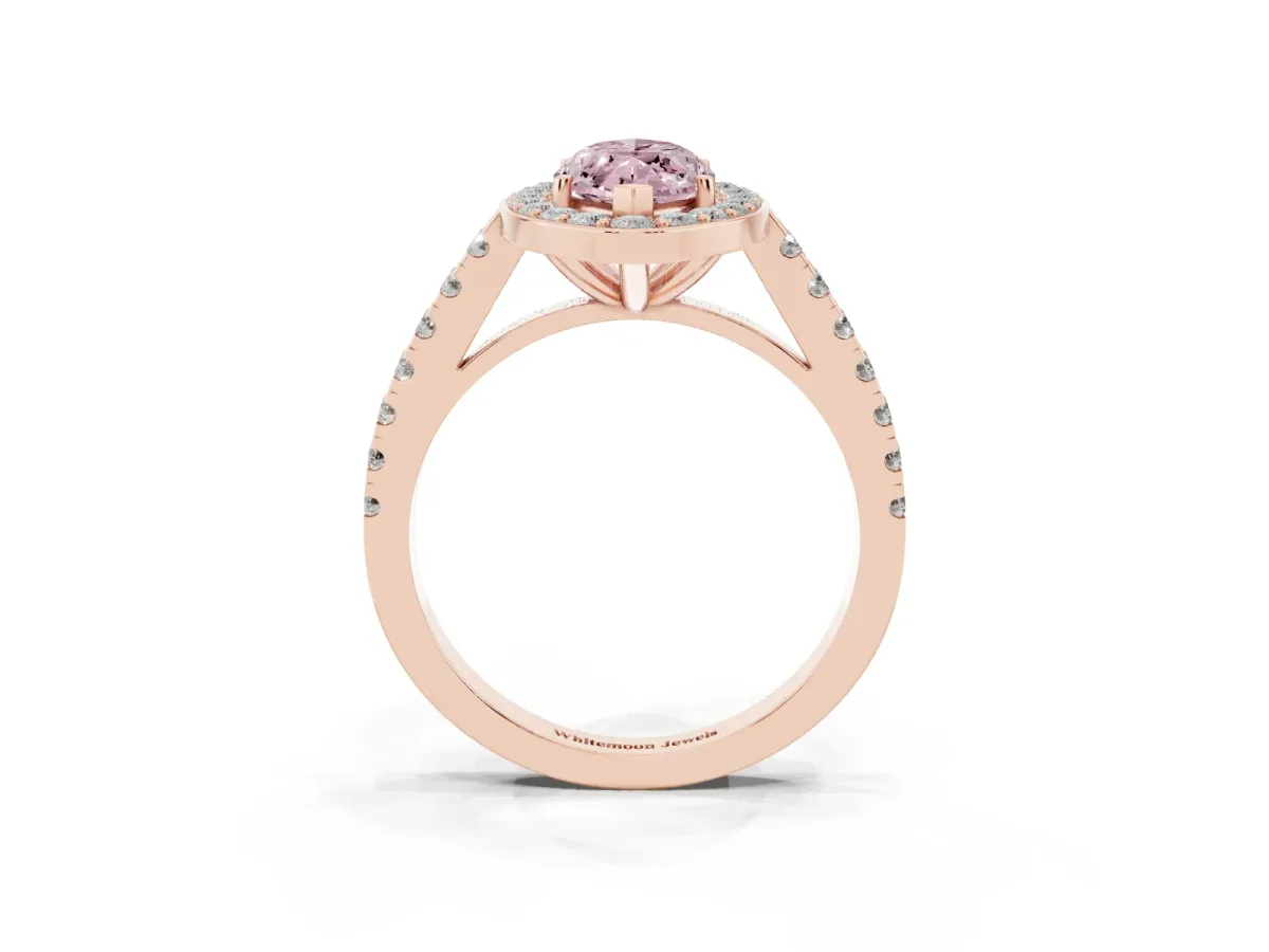Fancy Pink Marquise Cut Diamond Halo Ring with Round Pavé Split Shank and Prong Setting Rose gold
