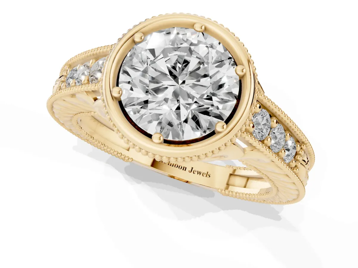 Bezel Set Round Cut Diamond Milgrain Pave Engagement Ring Yellow gold