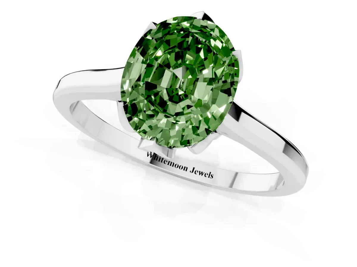 Fancy Green Oval Cut Diamond Solitaire Ring with Flower Prong Setting and Classic Band Silver