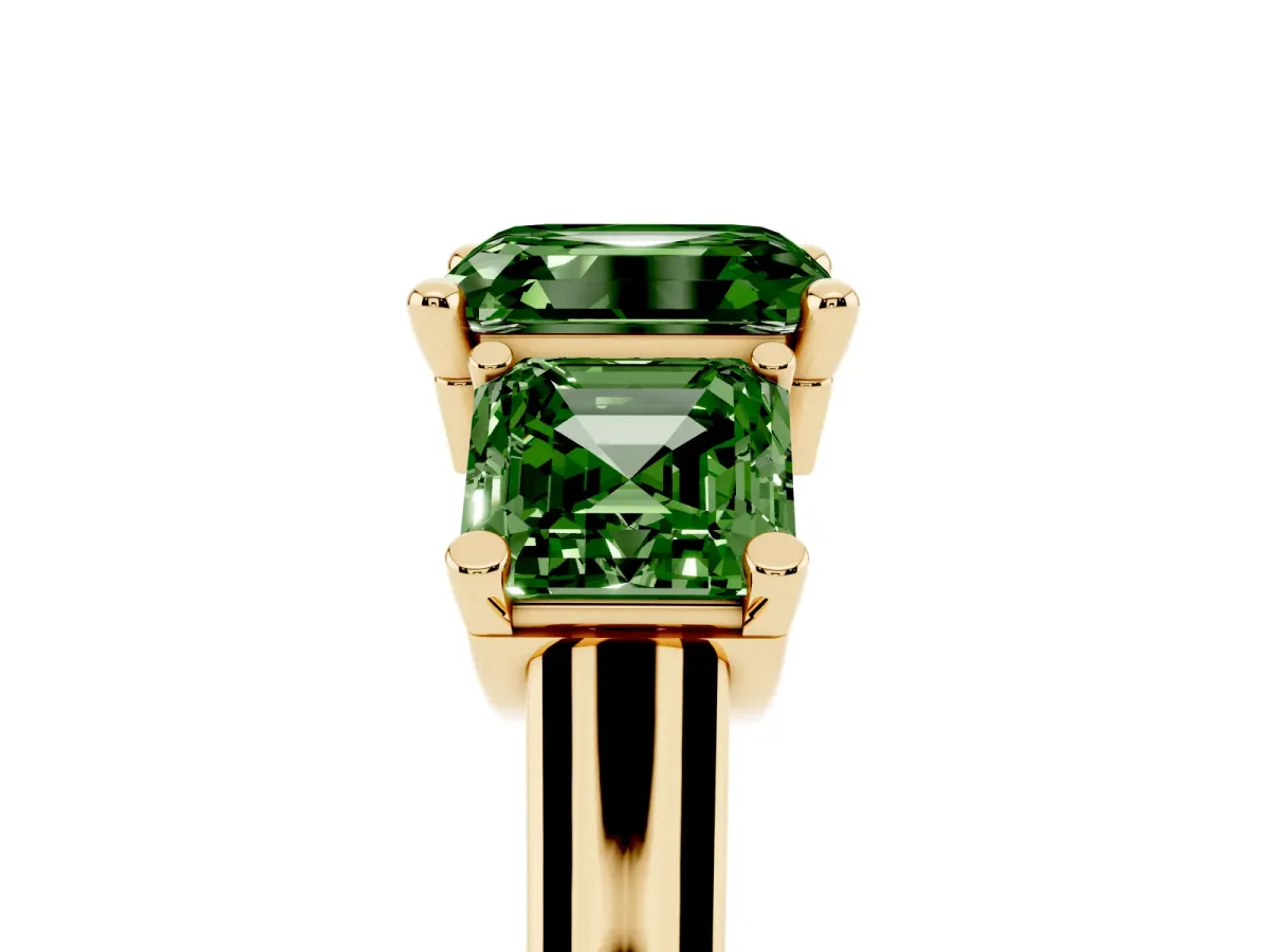 Fancy Green Three-Stone Asscher Cut Brilliant Diamond Trellis Ring with Comfort Fit Band Yellow gold