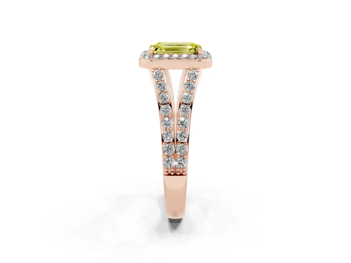 Fancy Yellow Emerald Cut Diamond Split Shank Halo Ring with Four-Prong Setting Rose gold