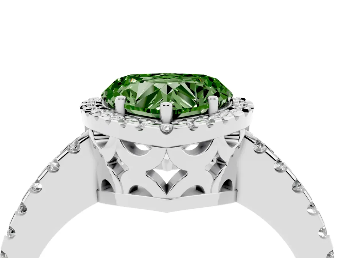 Fancy Green Heart Cut Diamond Halo Engagement Ring with Pavé Band and Prong Setting White gold