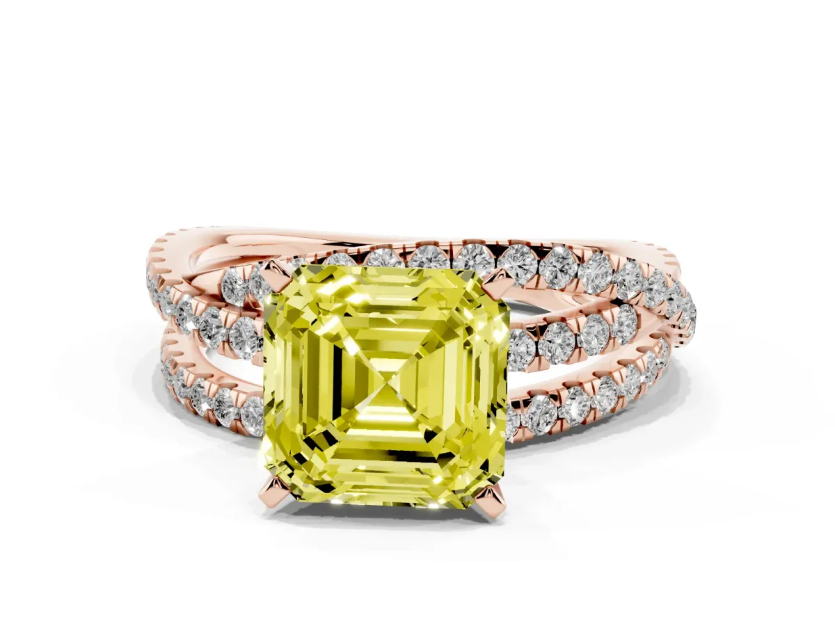 Fancy Yellow Asscher Cut Solitaire Twist Band with Pavé Setting and Four-Prong Setting Rose gold