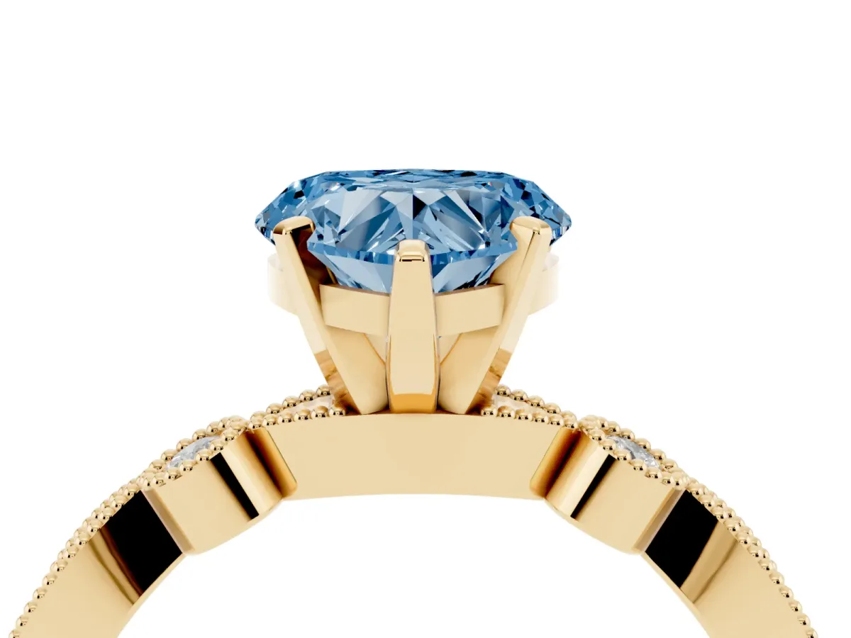 Fancy Blue Heart Cut Milgrain Bezel Diamond Engagement Ring with Solitaire Prong Setting Yellow gold