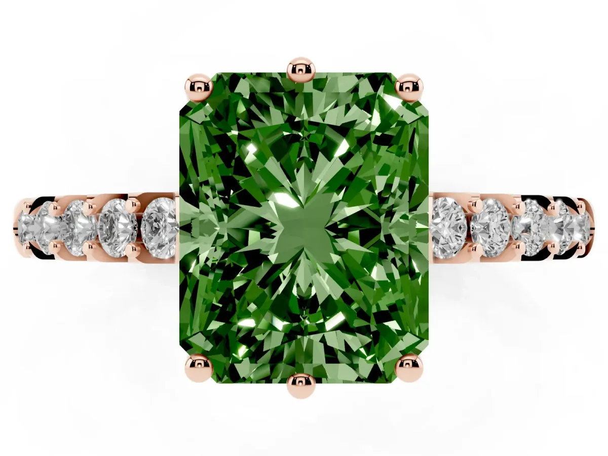 Fancy Green Radiant Cut Solitaire Diamond Engagement Ring with Pavé Band and Six-Prong Setting Rose gold