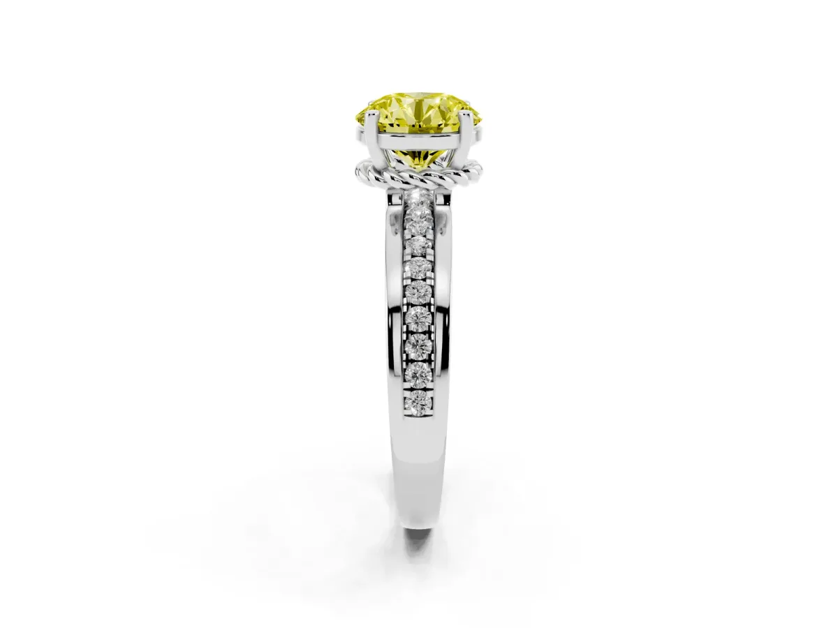 Fancy Yellow Round Cut Solitaire Diamond Ring with Channel Set Band and Six-Prong Setting Silver