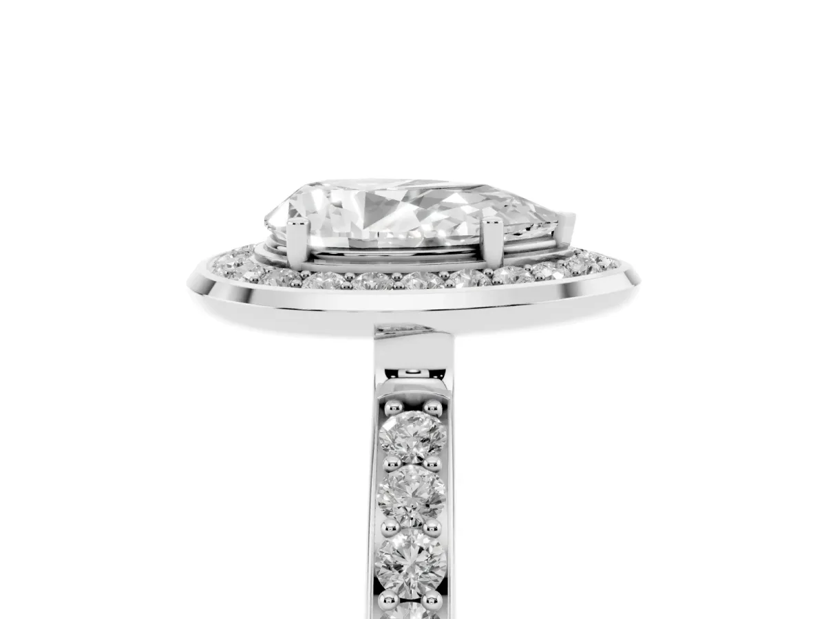 Pear Cut Diamond Halo Ring with Bezel Frame and Pavé Band Silver