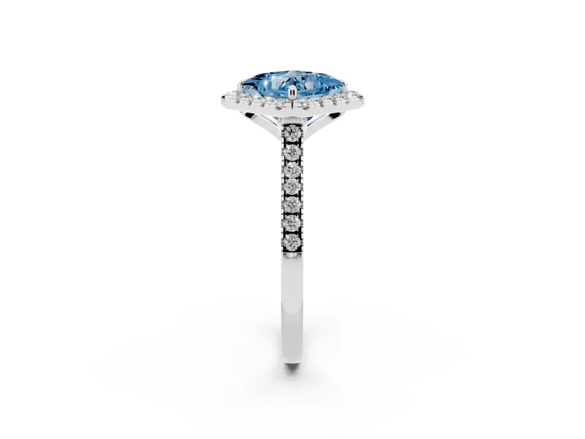 Fancy Blue Princess Cut Diamond Cushion Halo Ring with Pavé Band Silver