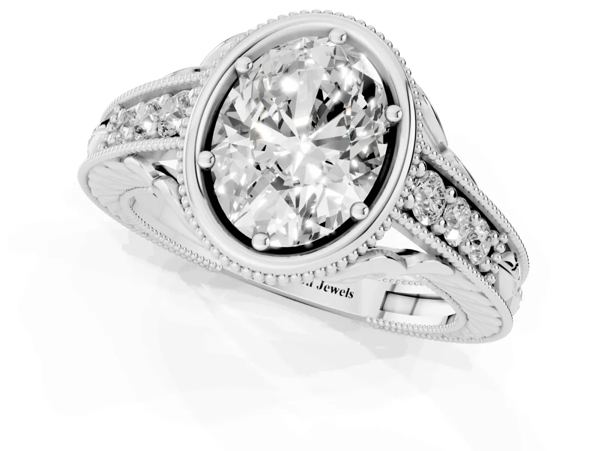 Bezel Set Oval Cut Diamond Milgrain Pave Engagement Ring Silver