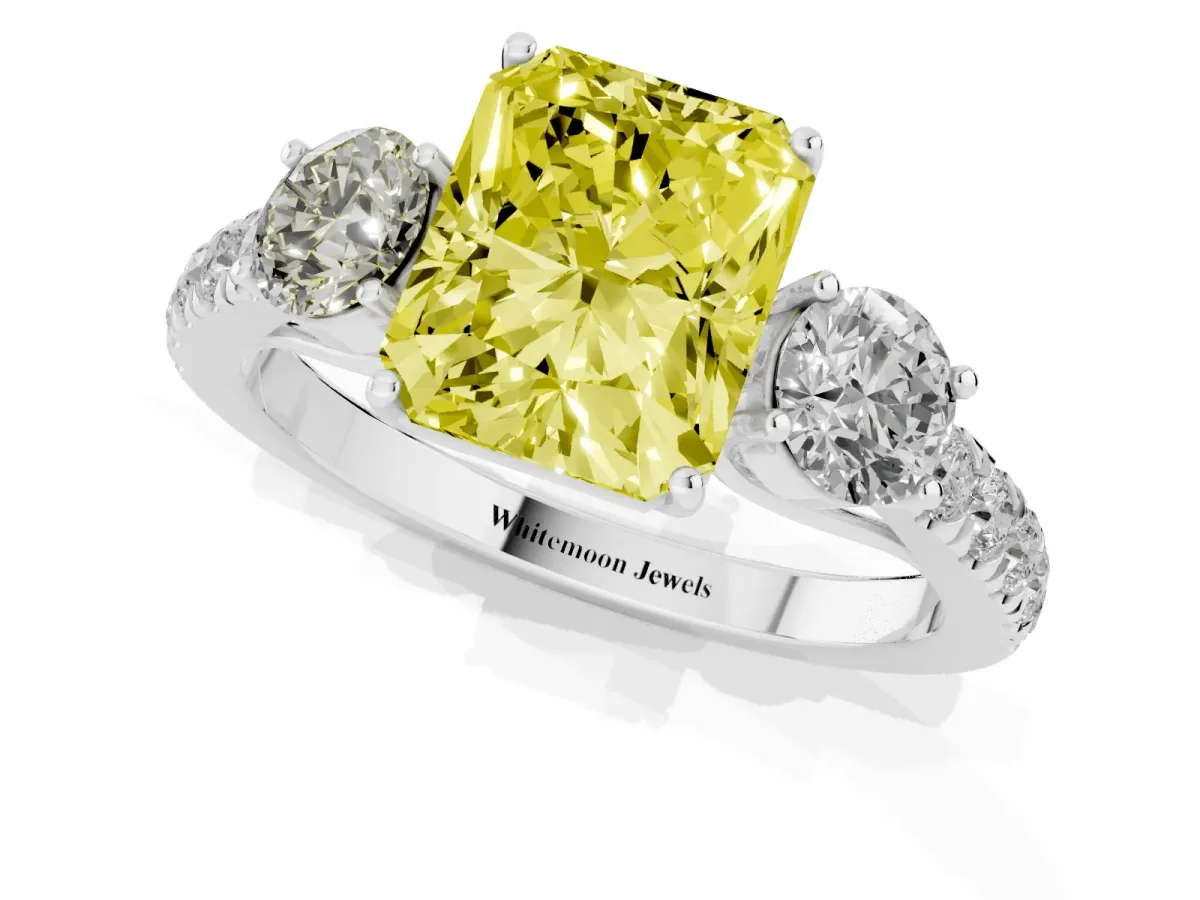 Fancy Yellow Radiant Cut Cut Diamond Three-Stone Ring with Round Side Stones and Pavé Band Silver