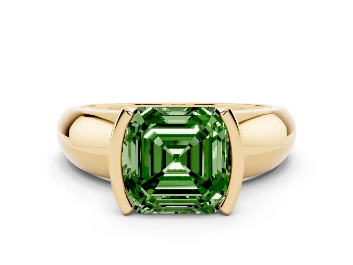 Fancy Green Asscher Cut Solitaire Tension Set Diamond Ring with Wide Band Yellow gold