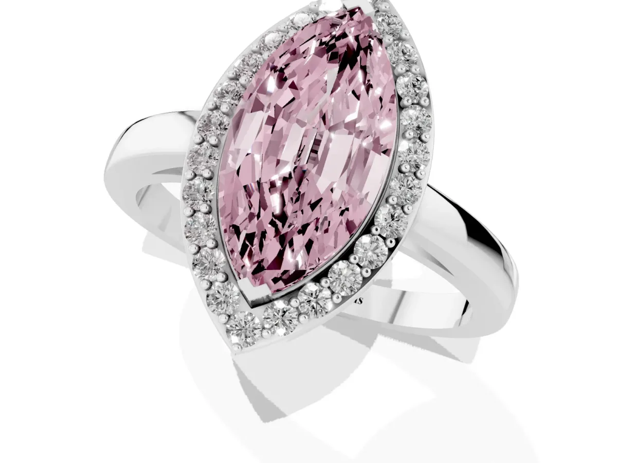 Fancy Pink Marquise Cut Halo Diamond Ring with Solitaire Band and Prong Setting Platinum