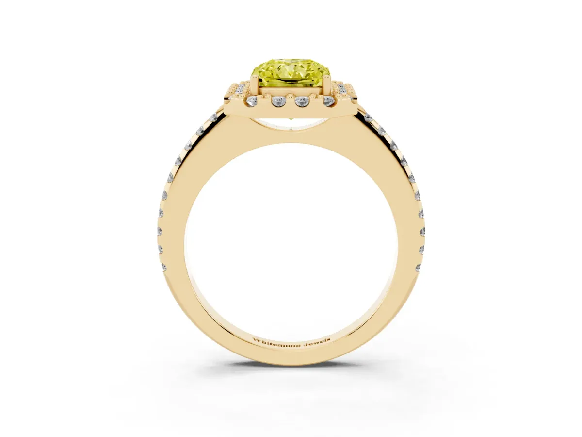 Fancy Yellow Radiant Cut Diamond Pavé Halo Ring with Four-Prong Setting Yellow gold