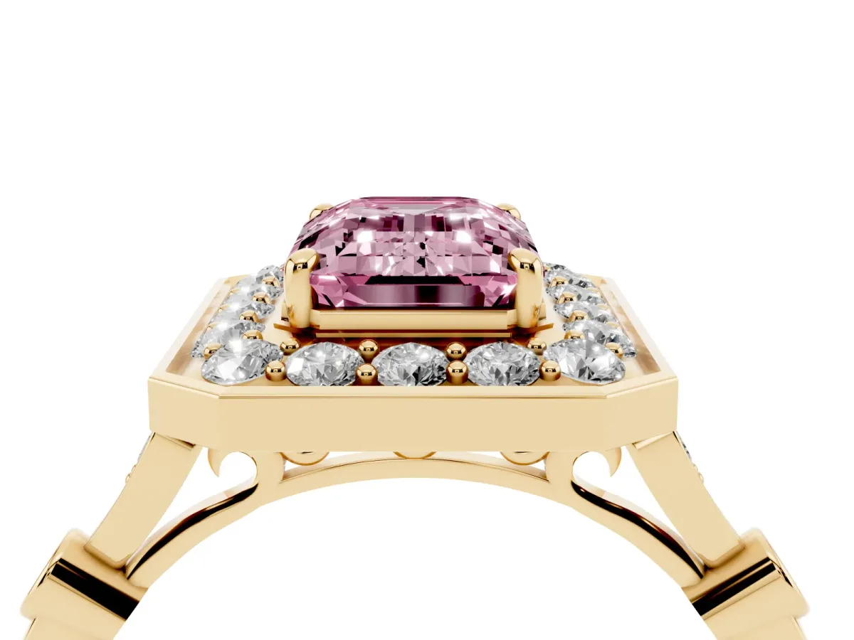 Fancy Pink Emerald Cut Halo Diamond Engagement Ring with Twisted Band and Four-Prong Setting Yellow gold