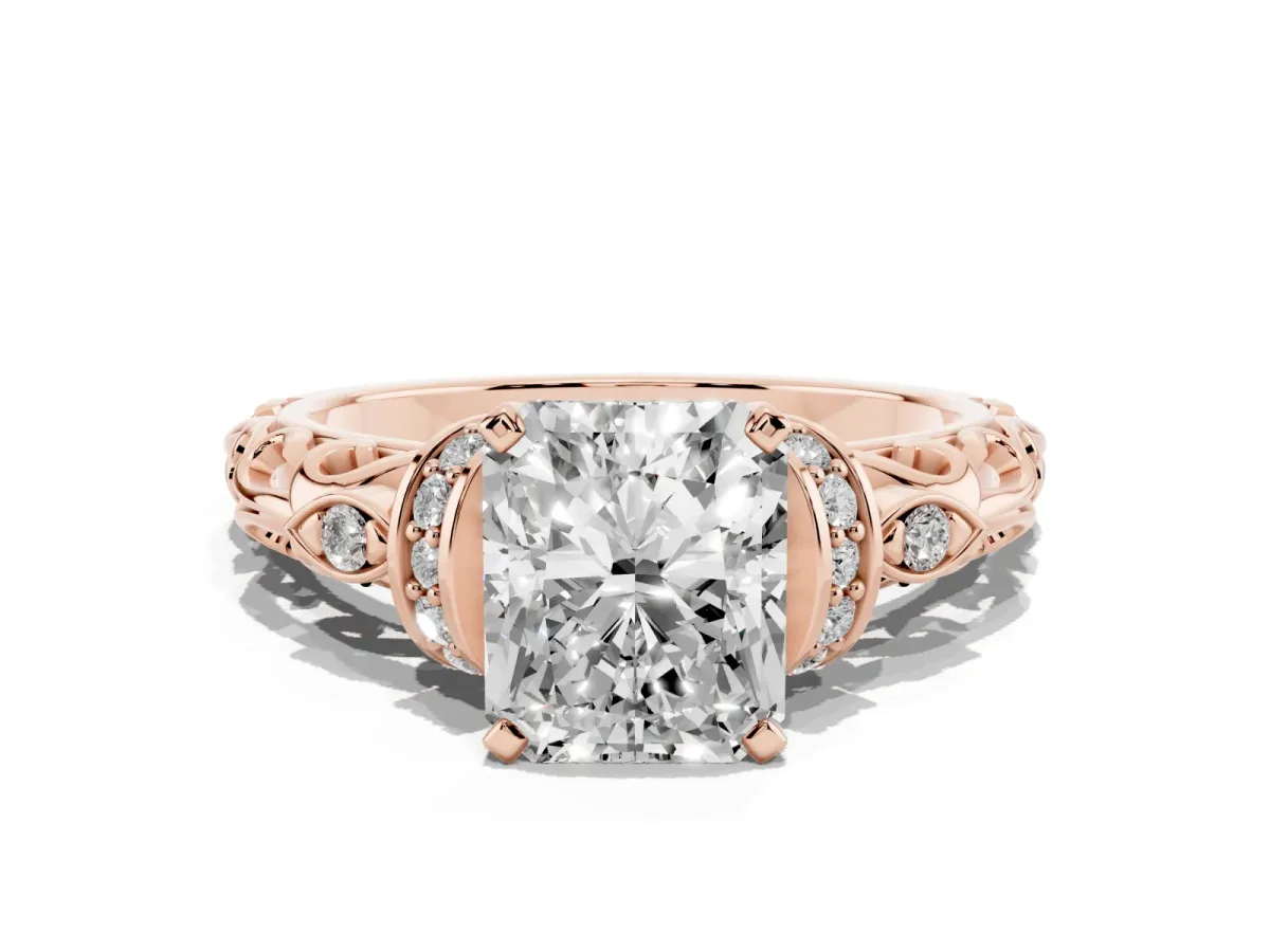 Radiant Cut Diamond Solitaire Ring with Filigree Band and Four-Prong Setting Rose gold