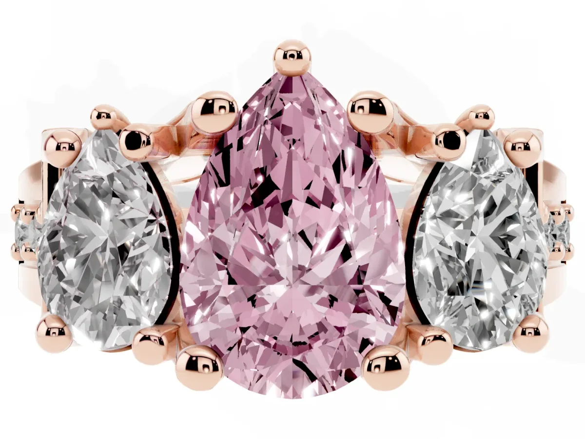 Fancy Pink Pear Cut Diamond Three-Stone Ring with Channel Set Band and Four-Prong Setting Rose gold