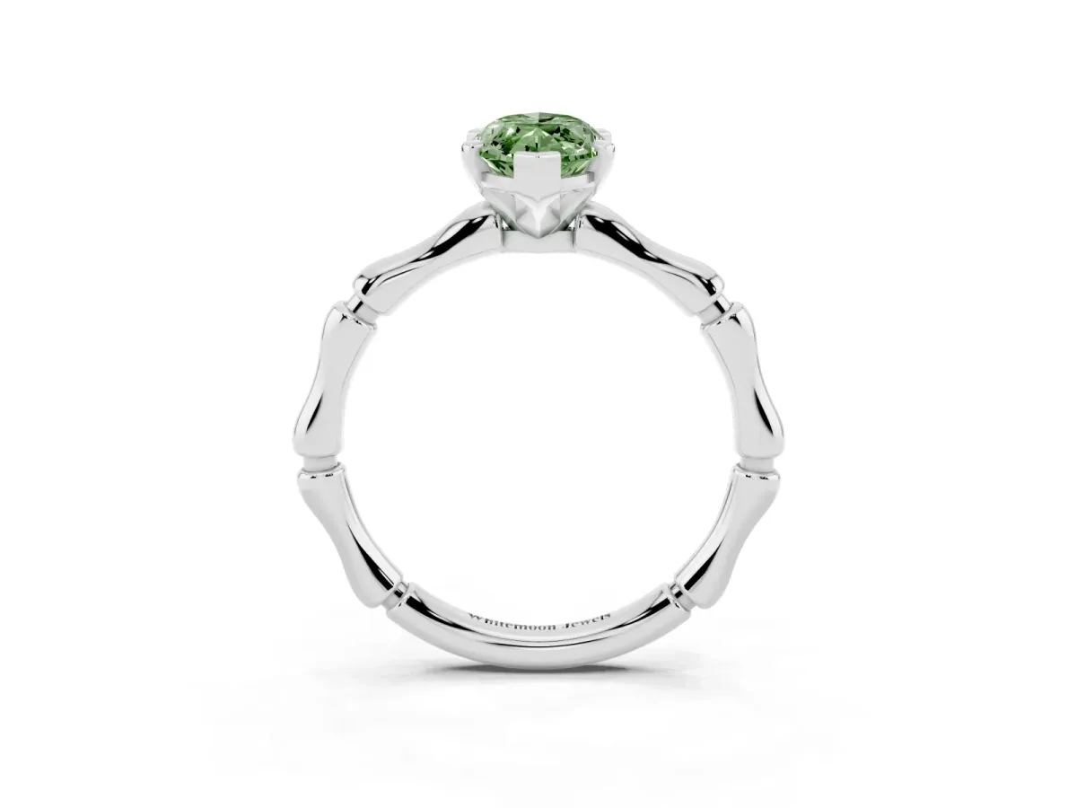 Fancy Green Marquise Cut Solitaire Diamond Ring with Bamboo Band and Four-Prong Setting Silver