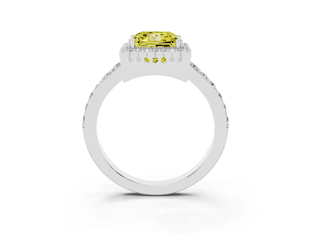 Fancy Yellow Princess Cut Cut Diamond Halo Engagement Ring with Milgrain Detail and Pavé Band Silver