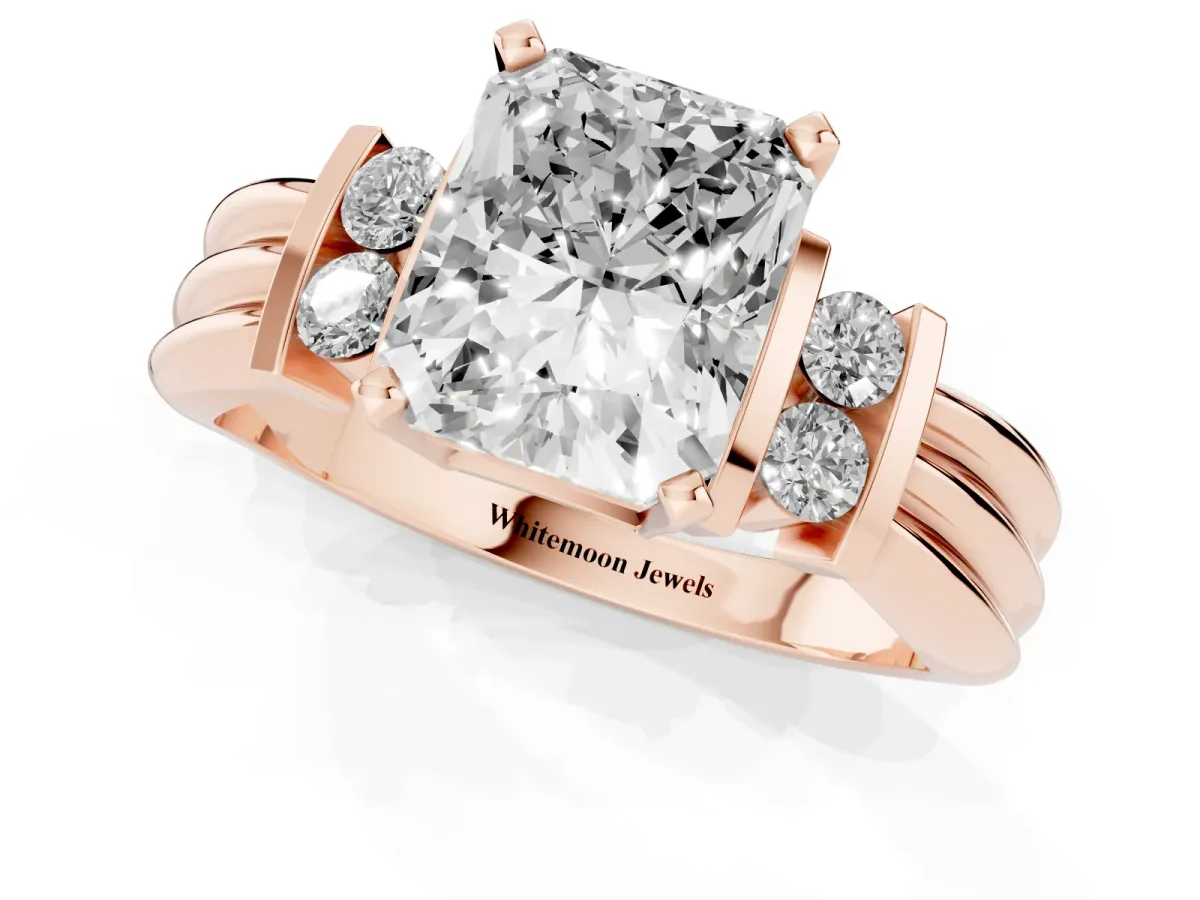 Radiant Cut Cut Three-Stone Channel Set Ring with Bar Prongs Rose gold