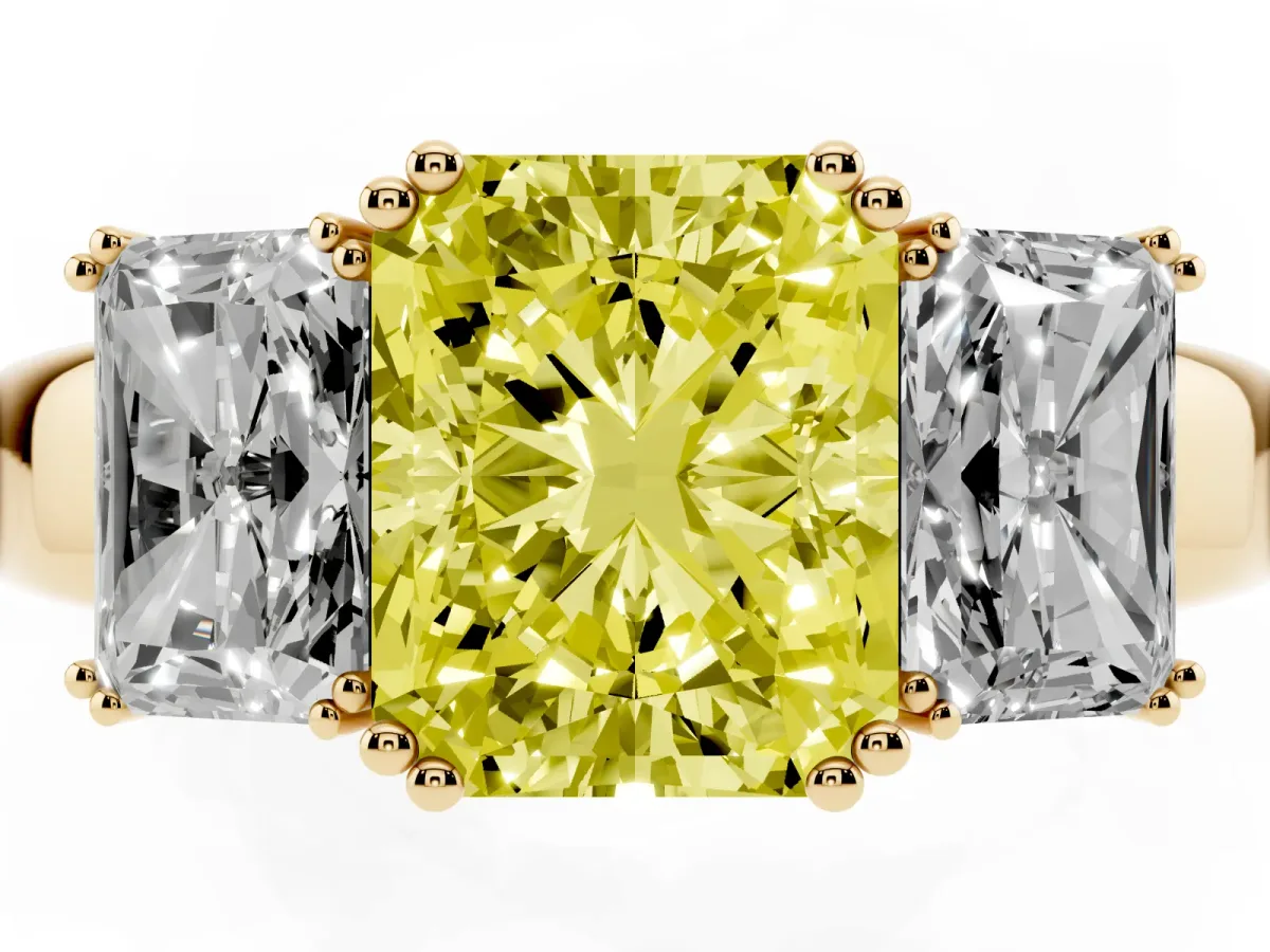 Fancy Yellow Three-Stone Radiant Cut Cut Diamond Ring with Channel Set Band and Four-Prong Setting Yellow gold