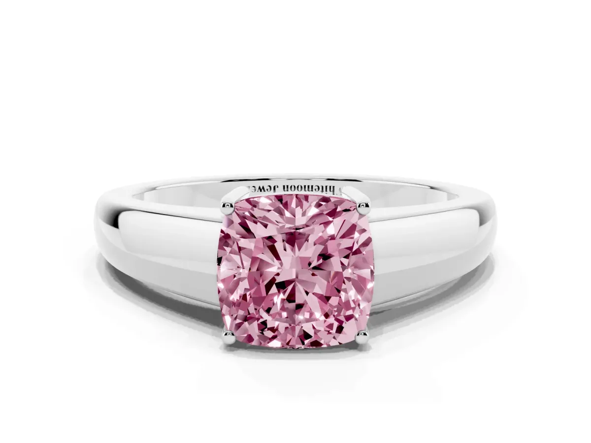Fancy Pink Cushion Cut Solitaire Diamond Ring with Tapered Band and Four-Prong Setting Silver