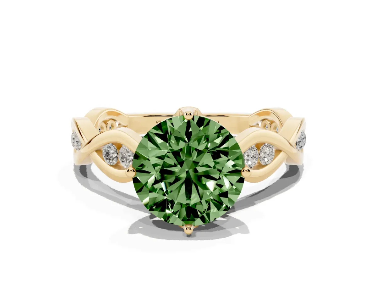 Fancy Green Round Cut Solitaire Twist Band with Leaf Prong Setting Yellow gold