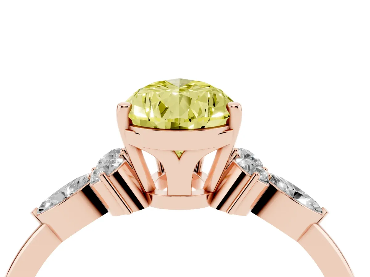 Fancy Yellow Pear Cut Brilliant Diamond Solitaire Ring with Pear Side Stones and Four-Prong Setting Rose gold