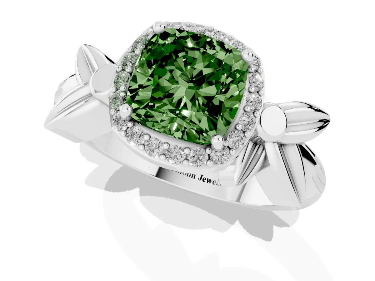 Fancy Green Cushion Cut Halo Diamond Floral Band with Four-Prong Setting White gold