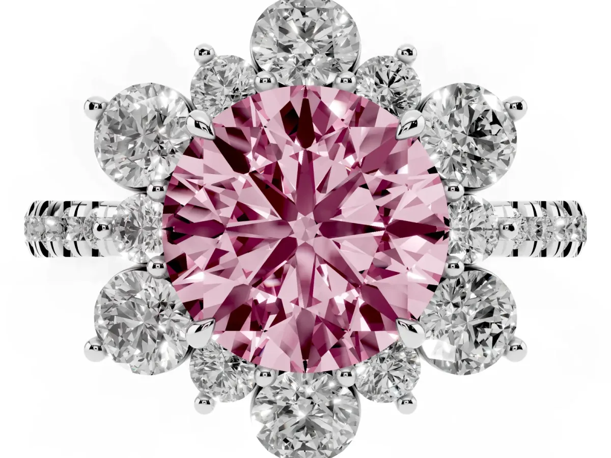 Fancy Pink Round Cut Diamond Floral Halo Ring with Round Pavé Band and Prong Setting Platinum