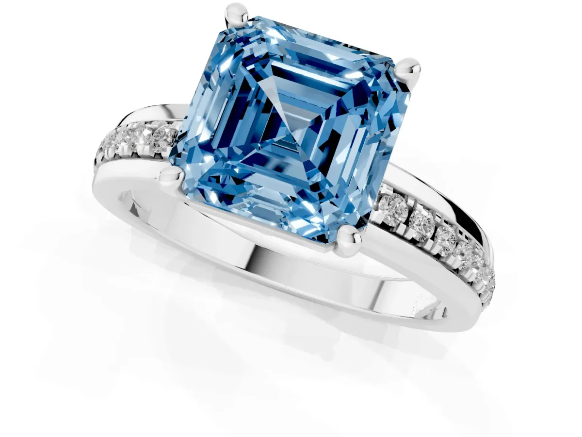 Fancy Blue Asscher Cut Solitaire Diamond Ring with Channel Set Band and Six-Prong Setting Silver