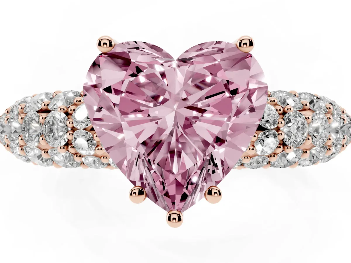Fancy Pink Heart Cut Diamond Pavé Band Solitaire Ring with Four-Prong Setting Rose gold