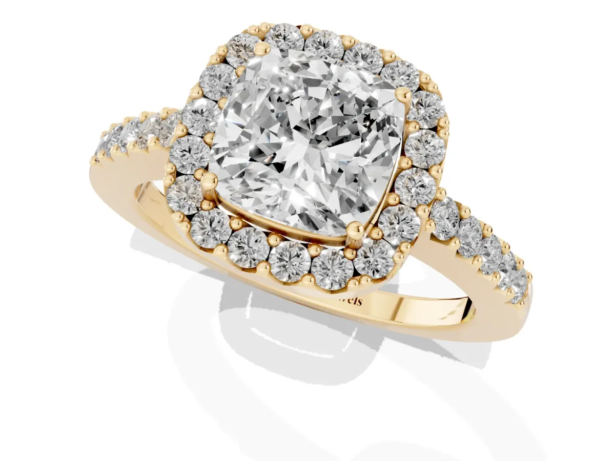 Cushion Cut Halo Diamond Pavé Solitaire Ring Yellow gold