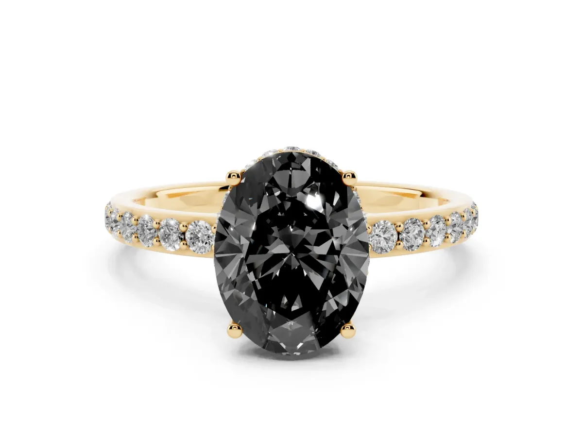Fancy Black Oval Cut Diamond Solitaire Ring with Pavé Band and Hidden Halo Yellow gold