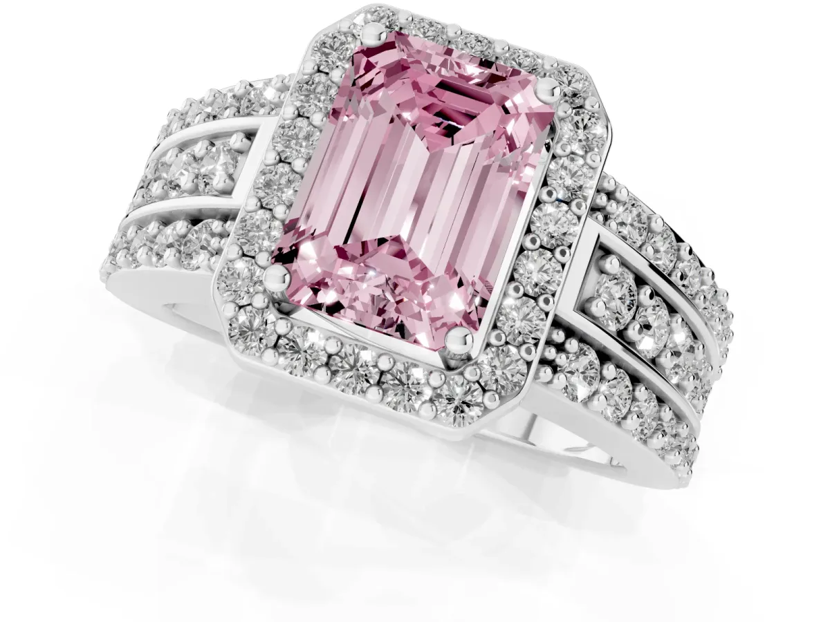 Fancy Pink Emerald Cut Halo Diamond Ring with Round Split Shank and Prong Setting White gold