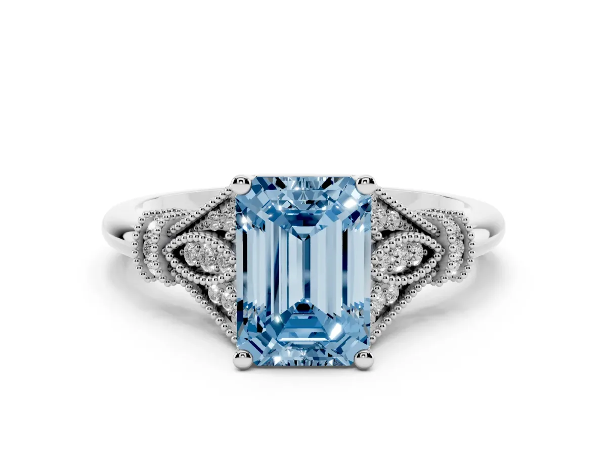 Fancy Blue Emerald Cut Diamond Solitaire Ring with Floral Filigree and Pave Accents White gold